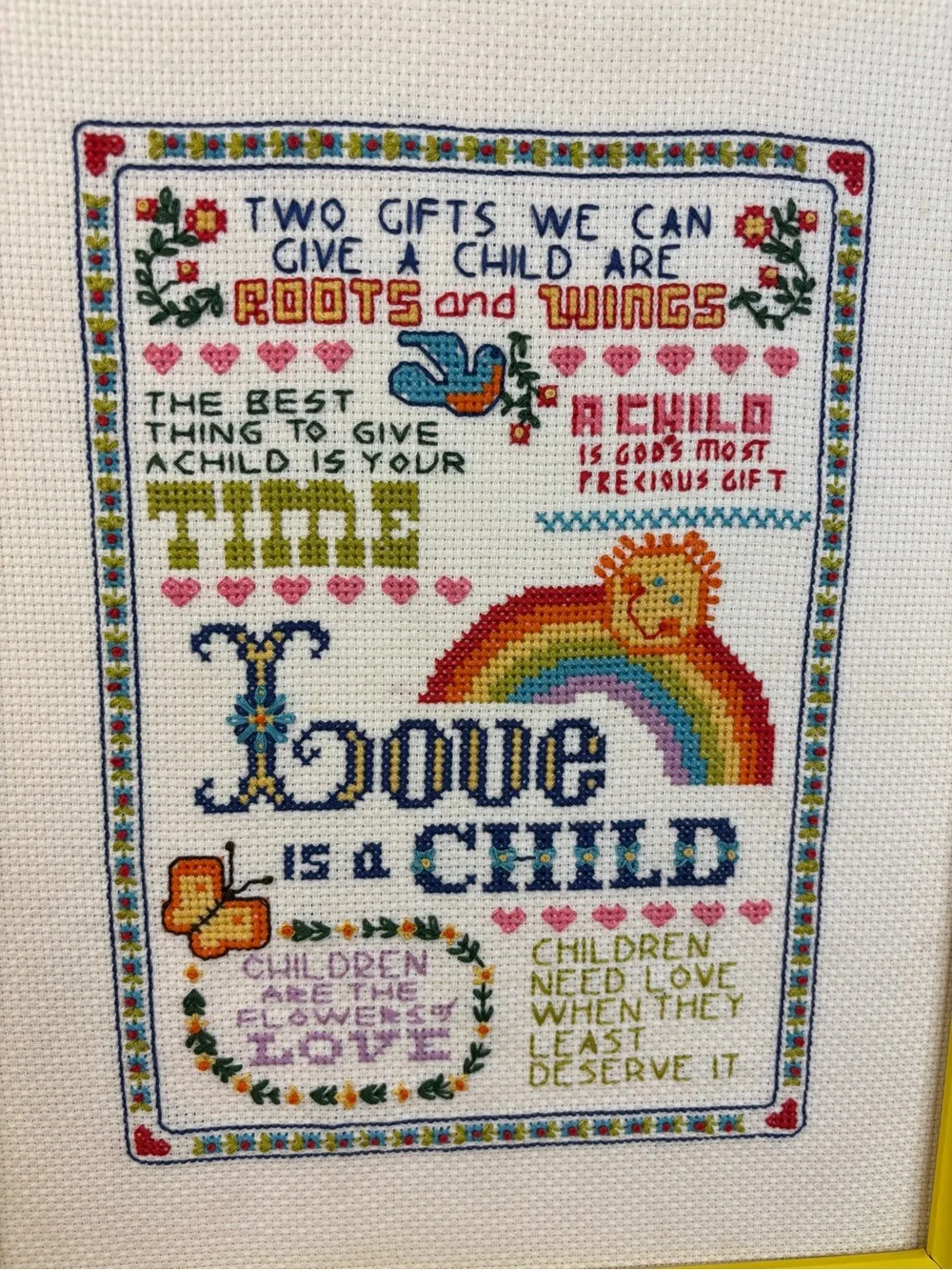 VTG Frame Cross Stitch Sampler with Rainbow, Butterfly, Bird & Lion